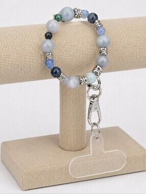 6" Blue Beaded Crystal Phone Lanyard Wristlet Bracelet Silver Clasp